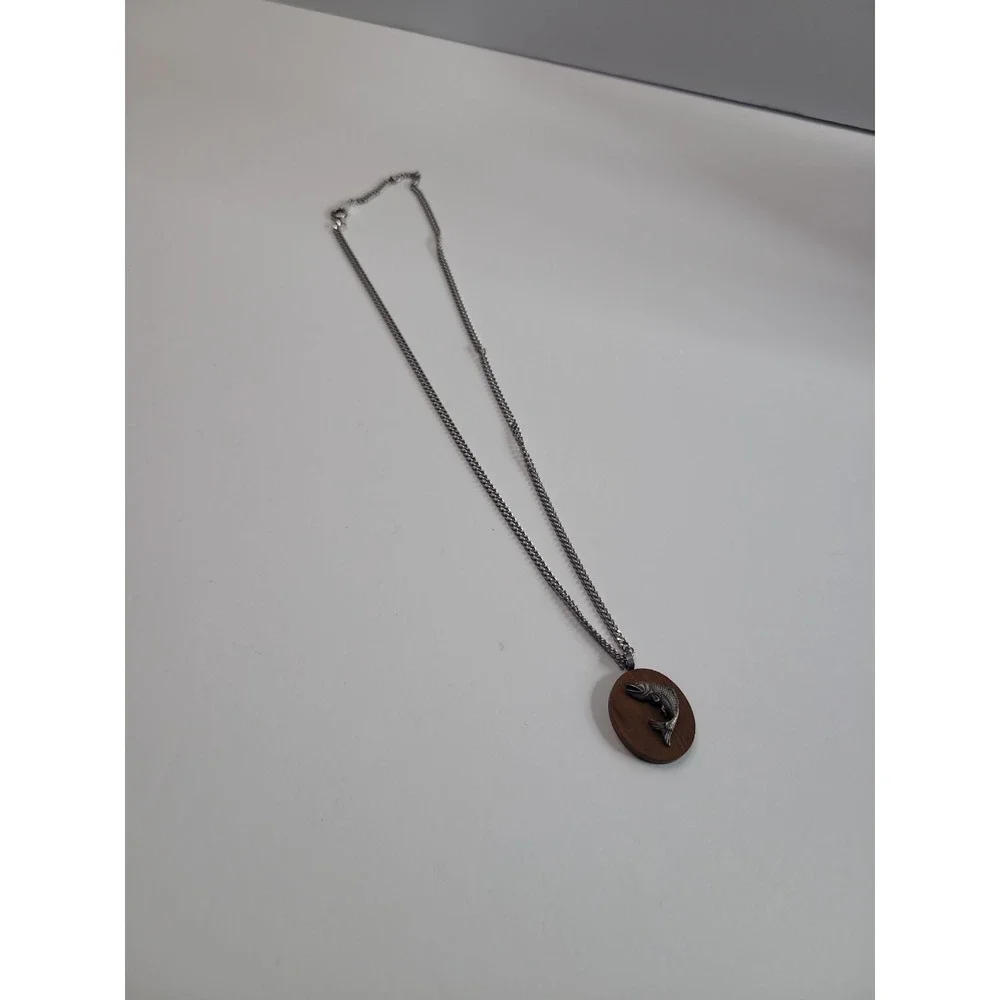 Wooden Tone Silver Tone Fish Pendant Necklace Trout Fishing Outdoors Sportsman